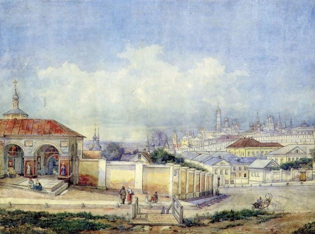 Вид на Кремль от Ивановского монастыря. Акварель Д. Карташева. Сер.1850-х гг. ГИМ
